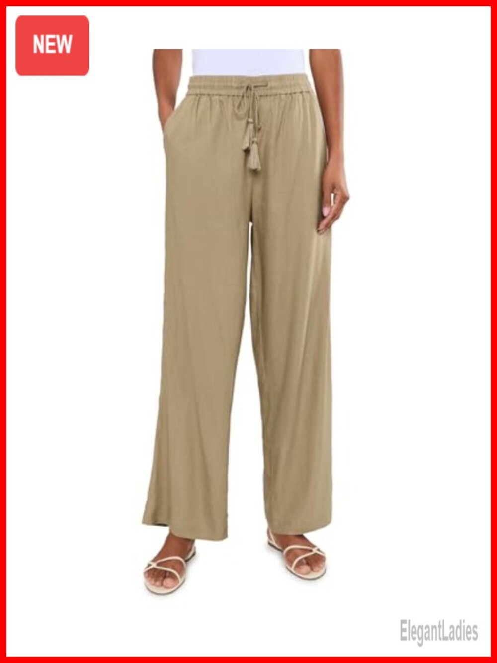 Mid-Rise Pull-On Drawstring Wide Leg Pants 30in Inseam Linen Blend